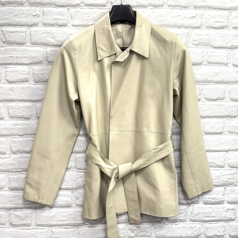 Women's Cream Leather Tie-Waist Jacket